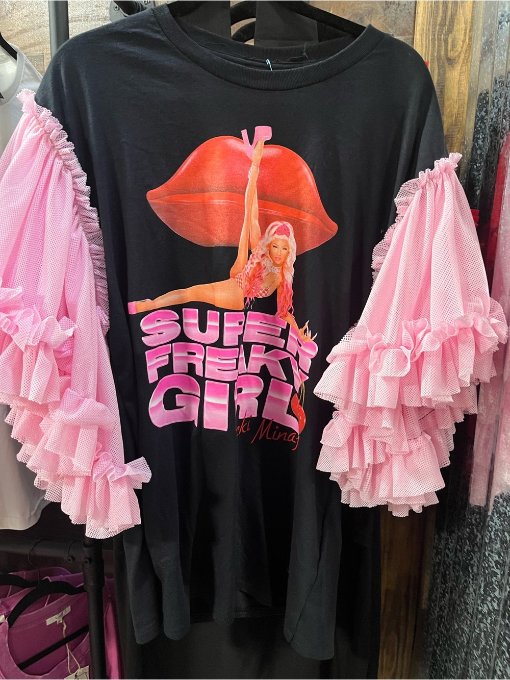 Black 'Super Freaky Girl' Graphic Tee with Pink Ruffle Sleeves